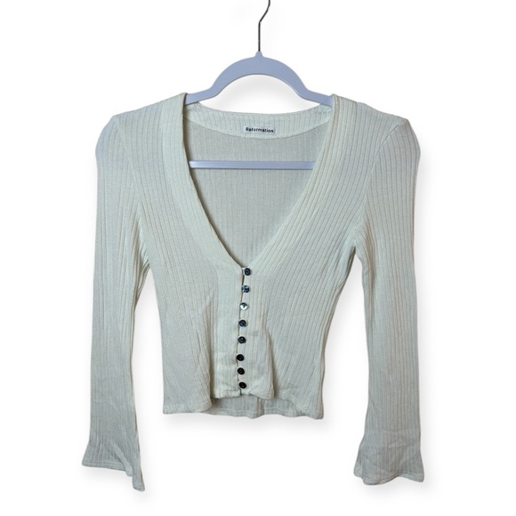 Reformation Geller Cream Ribbed Button-Down Shirt Cardigan - Picture 3 of 7